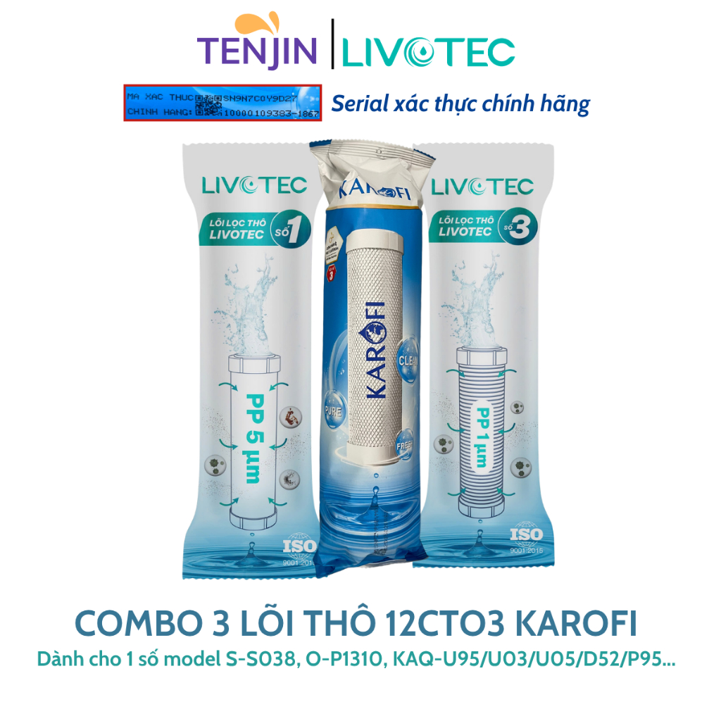 Bộ 3 lõi lọc nước Karofi 123 CTO(Lõi 2 CTO Lưới)  Karofi Livotec- Dùng Cho Model S-S038, O-P1310, KAQ-U05P95, U95 (cũ)