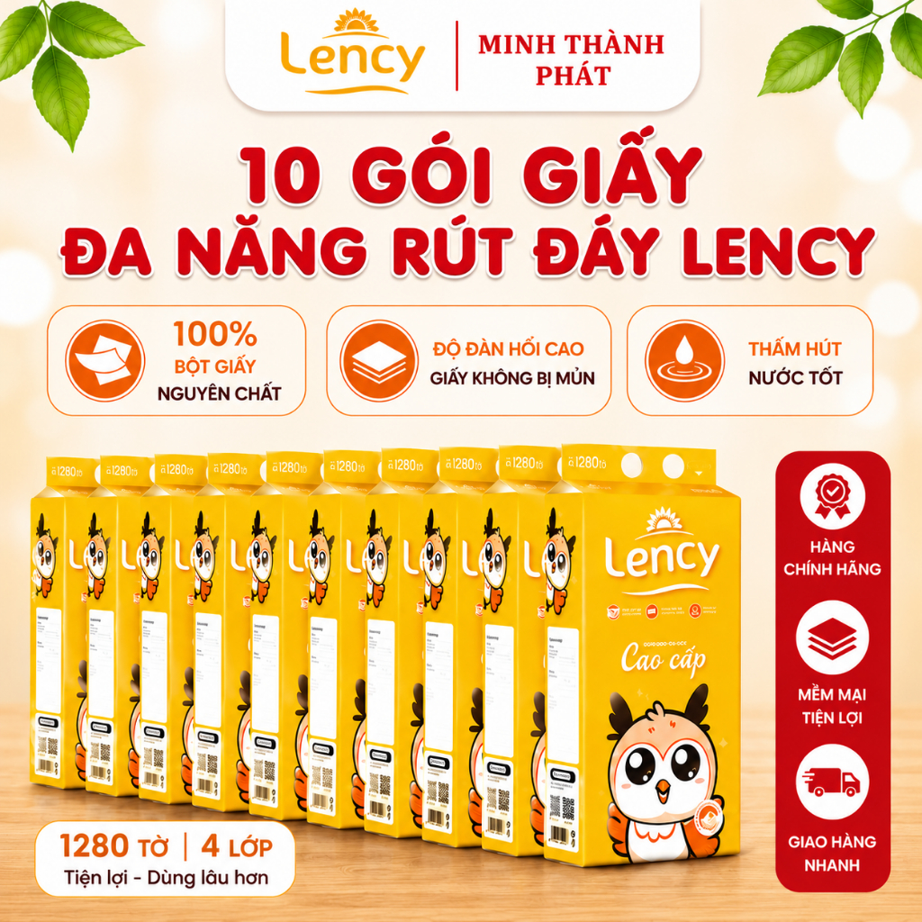 10 Gói Giấy Đa Năng Rút Đáy Lency 1280 Tờ 4 Lớp Cao Cấp, Mềm Mịn, An Toàn Cho Da