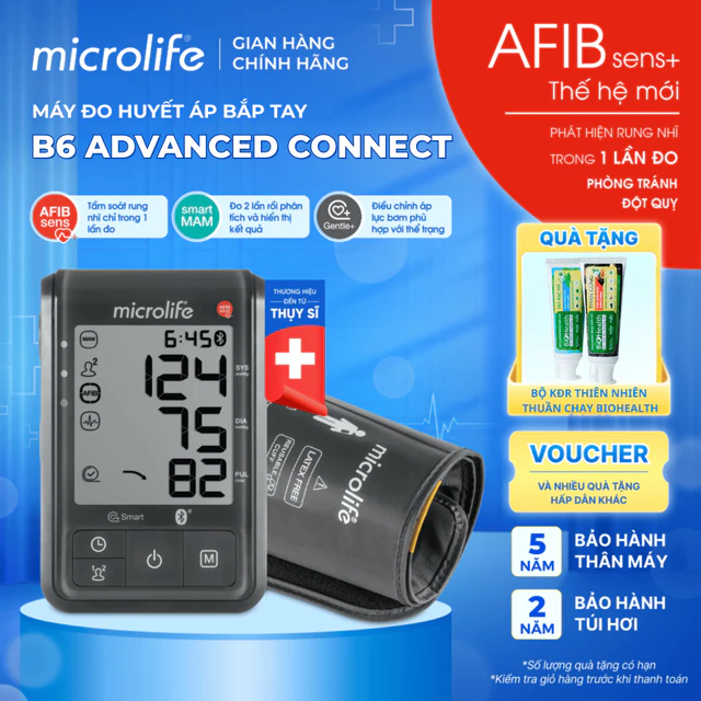 Máy Huyết Áp Microlife B6 Advanced Connect, Phát Hiện Rung Nhĩ Chỉ 1 Lần Đo, Túi Hơi Định Khuôn, App