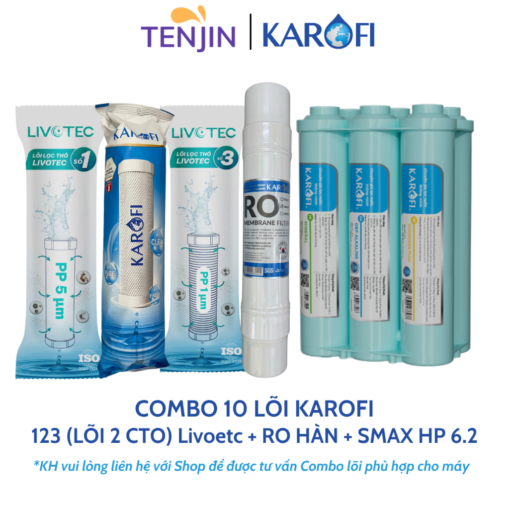 Combo 10 Lõi Lọc Karofi Sử Dụng 12CTO3 Livotec (Lõi 2 Lưới), Màng RO 100GPD Membrane Hàn Và Bộ Chức Năng Smax HP 6.2