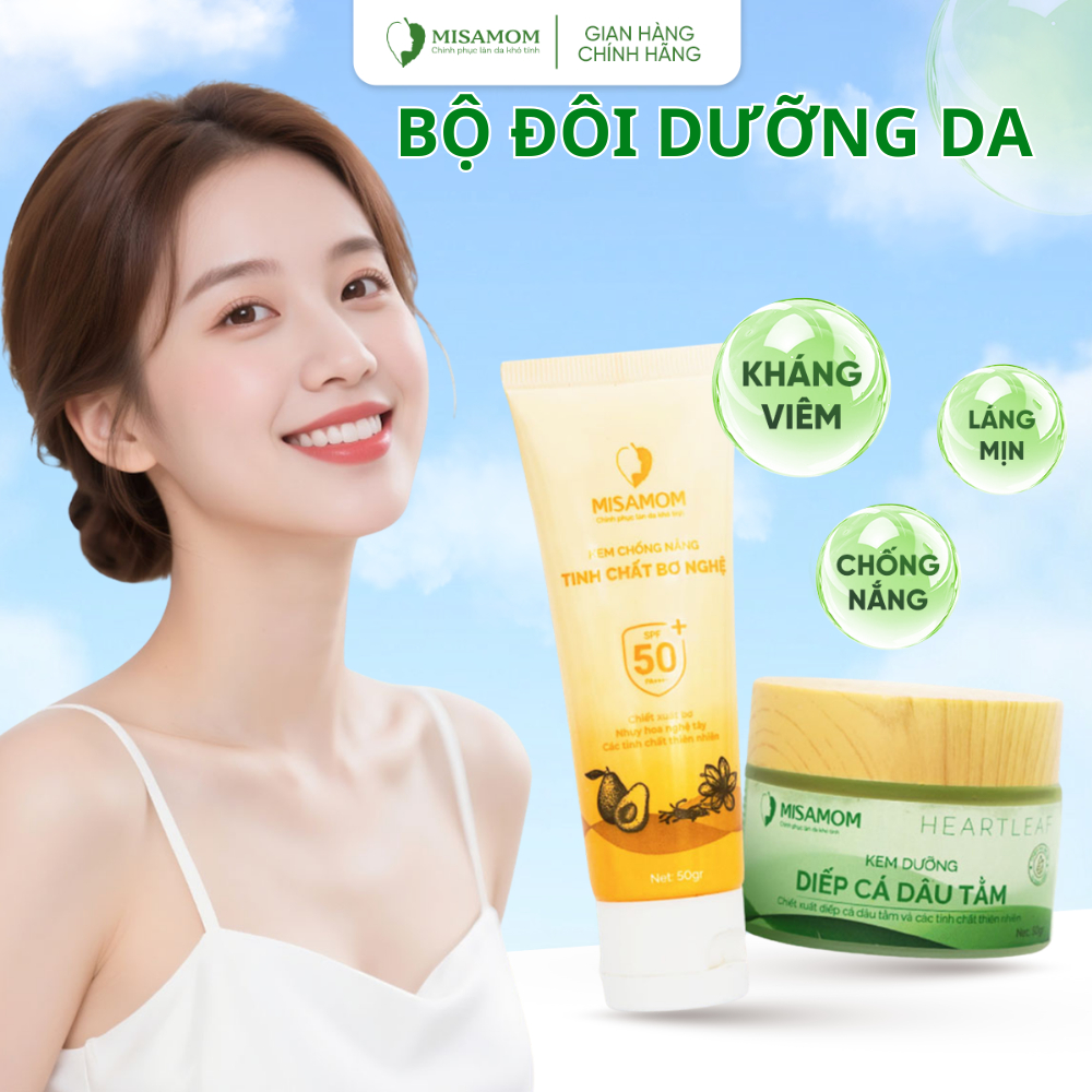 Bộ đôi kem dưỡng da Misamom - Kem chống nắng - Kem dưỡng da mặt - Kem dưỡng ẩm - Dâu tằm - Diếp cá