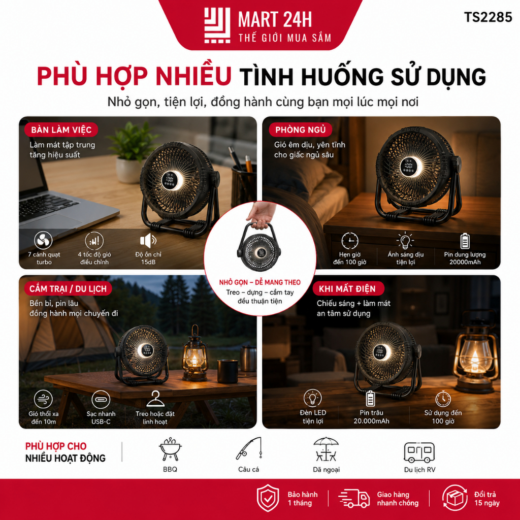 [COMBO 2 QUẠT] Quạt Tích Điện 20000mAh TS2285 MART24H Mát Lạnh 20 độ Dùng Liên Tục 15 Giờ BH 1 Tháng