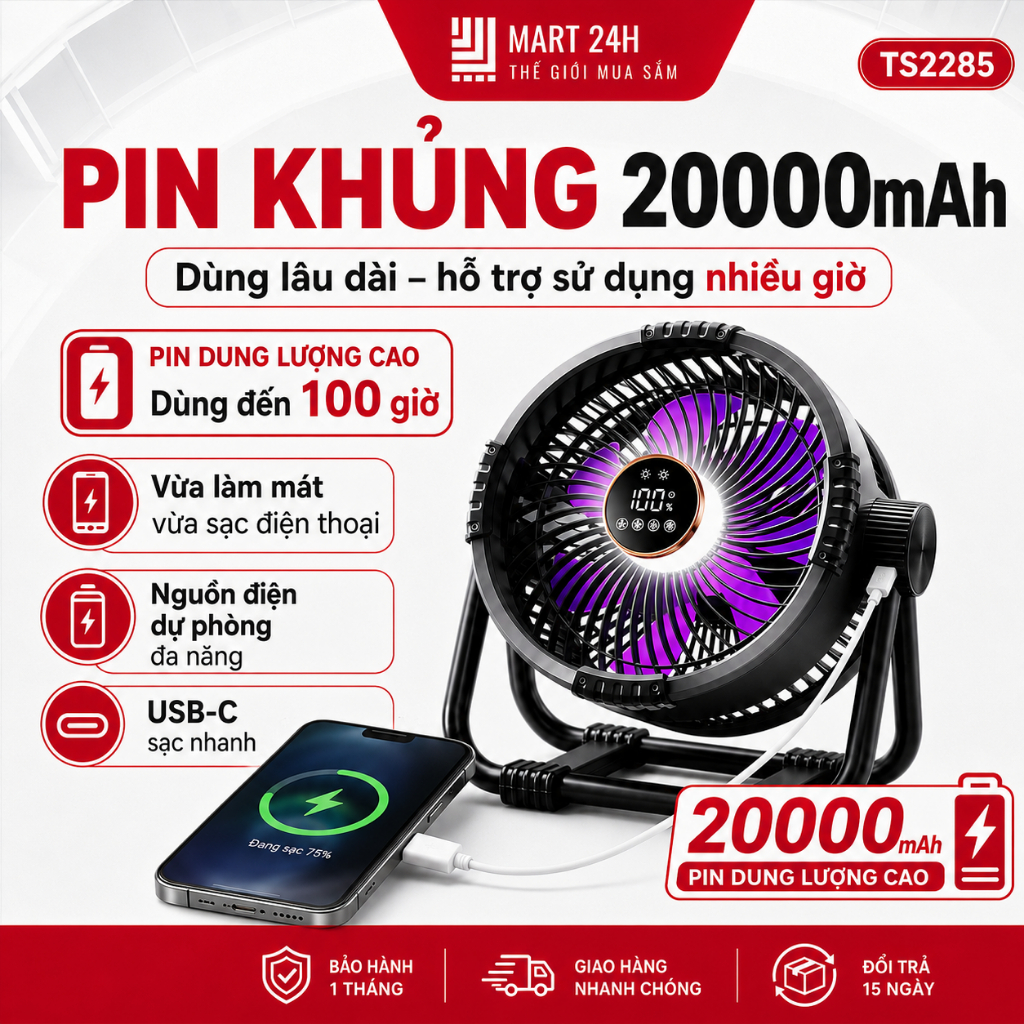 [COMBO 2 QUẠT] Quạt Tích Điện 20000mAh TS2285 MART24H Mát Lạnh 20 độ Dùng Liên Tục 15 Giờ BH 1 Tháng