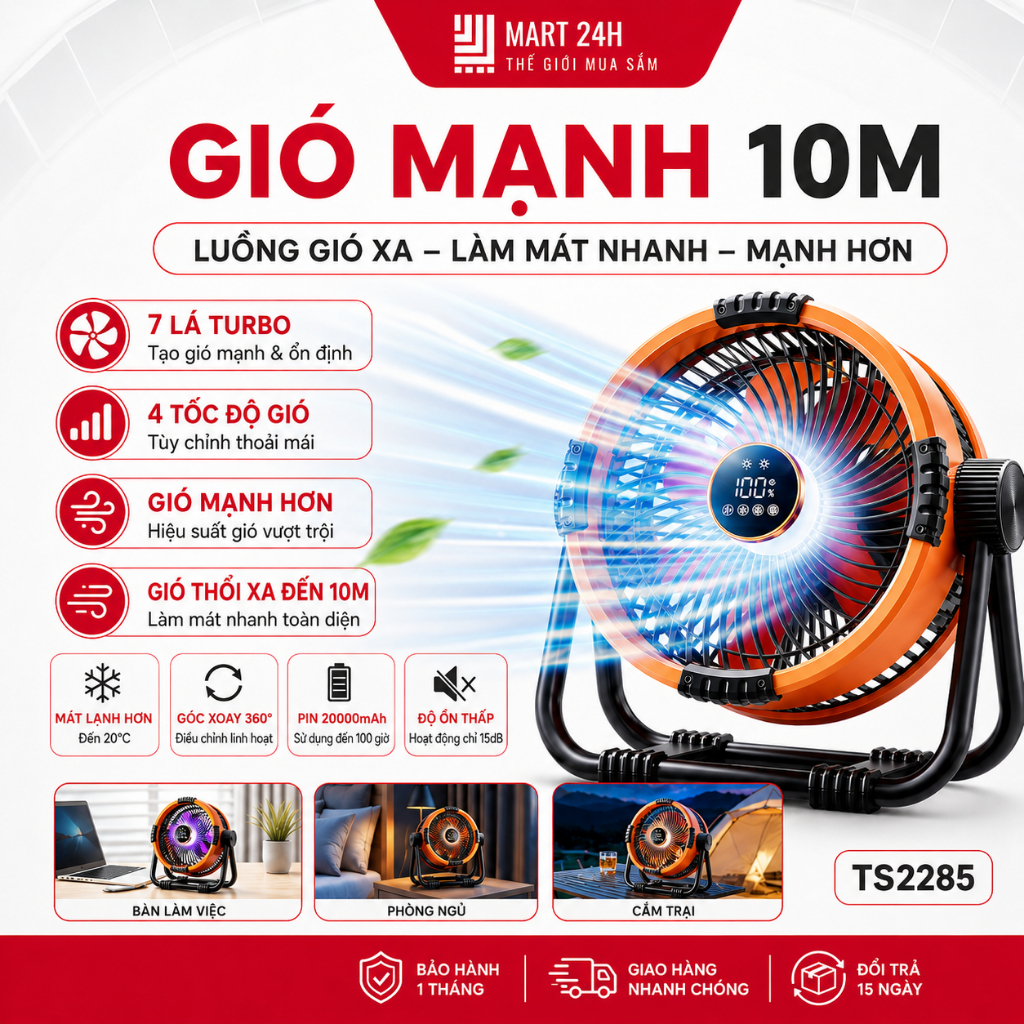 [COMBO 2 QUẠT] Quạt Tích Điện 20000mAh TS2285 MART24H Mát Lạnh 20 độ Dùng Liên Tục 15 Giờ BH 1 Tháng