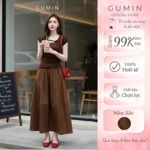 Set váy nâu GUMIN thiết kế áo thun ôm dây ngực phối chân váy xoè dài vintage thanh lịch, set đồ nữ đi biển sang chảnh