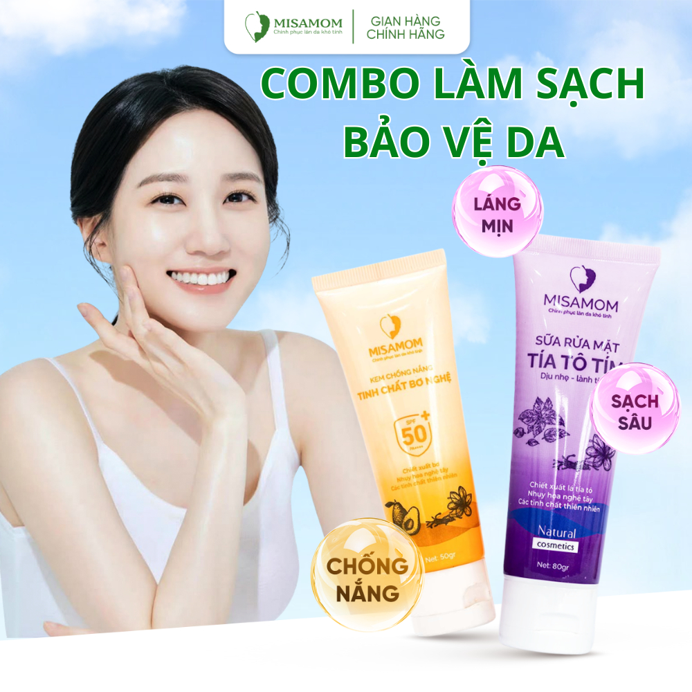 Combo dưỡng da Misamom - Làm sạch và bảo vệ da từ thiên nhiên - Sữa rửa mặt tía tô - Kem chống nắng