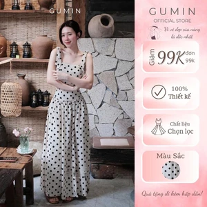 Set áo váy chấm bi GUMIN thiết kế áo hai dây nơ vai cúp ngực kèm chân váy xoè dài vintage, Set đồ nữ đi biển sang chảnh