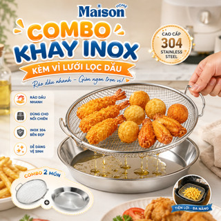 COMBO Khay Inox Kèm Vỉ Lưới Lọc Dầu Cao Cấp Có Tay Cầm- Khay Ráo Dầu Chiên Rán, Đựng Thực Phẩm, Dùng Cho Nồi Chiên