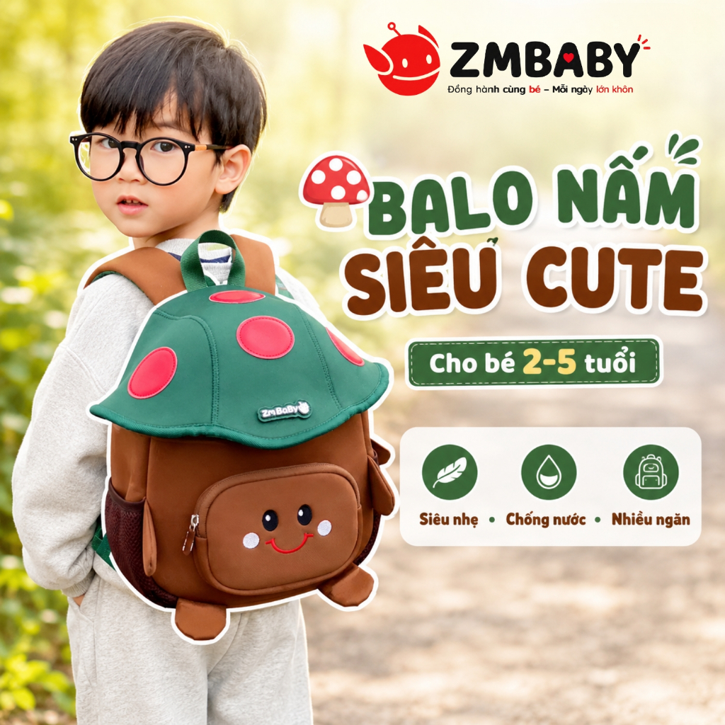 Balo cho bé mẫu giáo mần non hoạ tiết nấm 3D ZMBABY NCB-45 cho bé từ 1 đến 5 tuổi chất liệu cao cấp