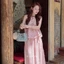 Set bộ sát nách hồng GUMIN thiết kế áo cổ tròn thêu hoa gấu vintage sang chảnh, set đồ nữ đi biển mặc nhà thanh lịch
