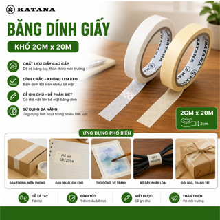 Băng Dính Giấy KATANA 2cm x 20m | Trắng Kem - Vàng Kem | Viết Đánh Dấu, Che Sơn, Trang Trí BK05