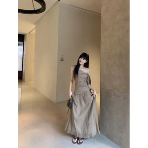 Đầm Nữ Lệch Vai Dây Buộc Thiết Kế Không Đối Xứng Dáng A Chiết Eo Cao Tôn Dáng Thời Trang Hè