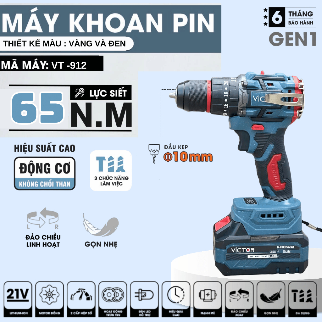Máy Khoan Pin Victor 10mm VT 912  PRO 3 Chức Năng Đầu Kẹp 10mm Không Chổi Thân Chân Pin Phổ Thông