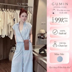 Set bộ sơ mi xanh GUMIN thiết kế áo tay hến kèm quần suông rộng vintage, Set đồ nữ basic thanh lịch sang trọng