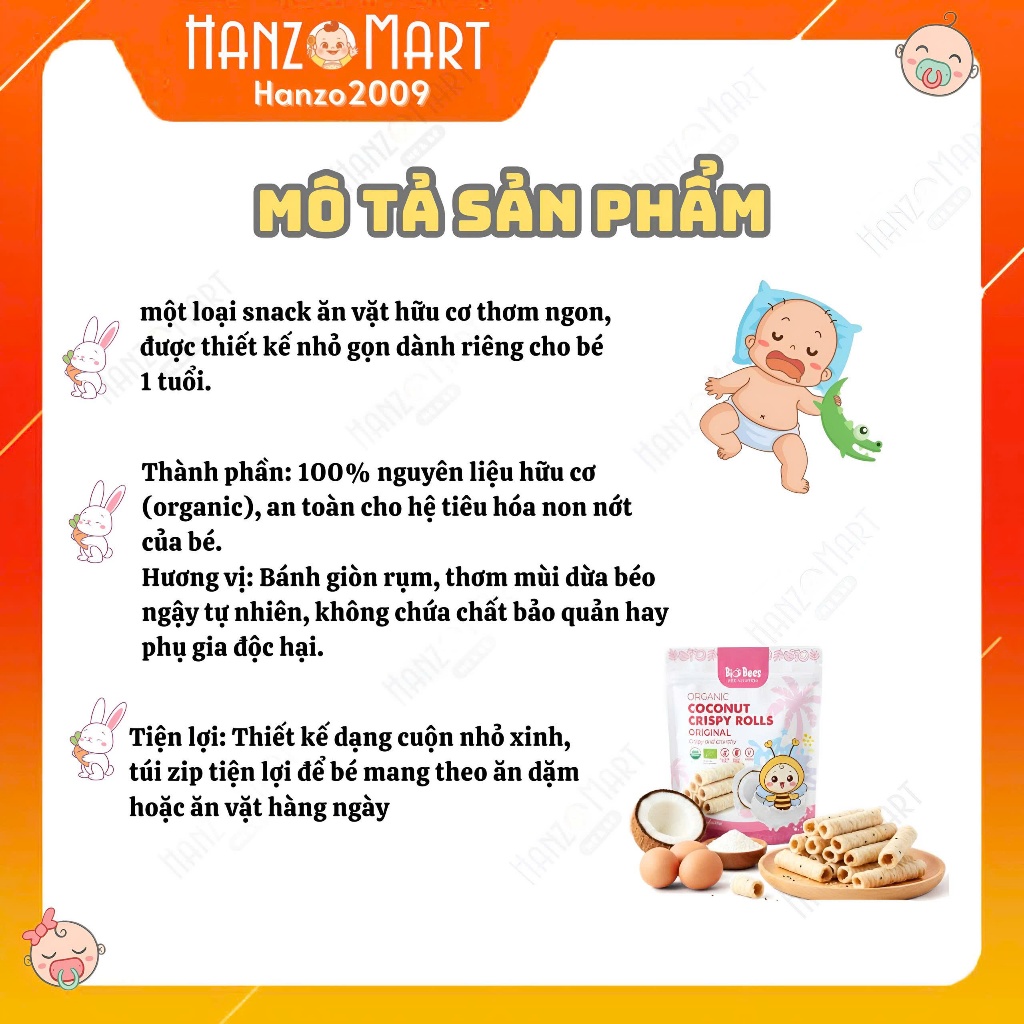 Bánh ăn dặm Quế Cuộn Dừa Hữu Cơ BioBees 40g Cho Bé Ăn Vặt Snack Organic - hanzo2009