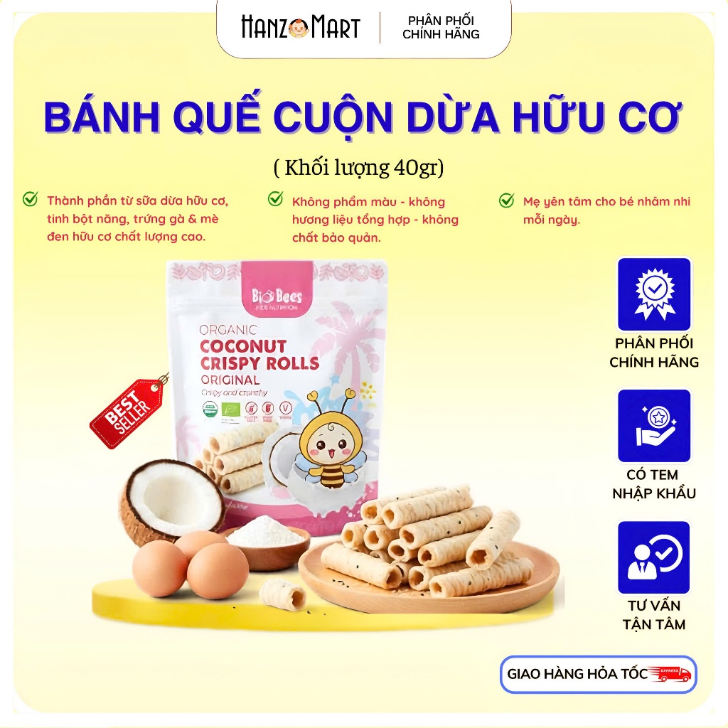 Bánh ăn dặm Quế Cuộn Dừa Hữu Cơ BioBees 40g Cho Bé Ăn Vặt Snack Organic - hanzo2009