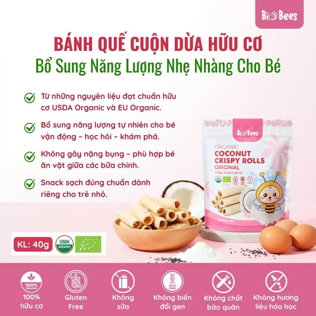 Bánh ăn dặm Quế Cuộn Dừa Hữu Cơ BioBees 40g Cho Bé Ăn Vặt Snack Organic - hanzo2009