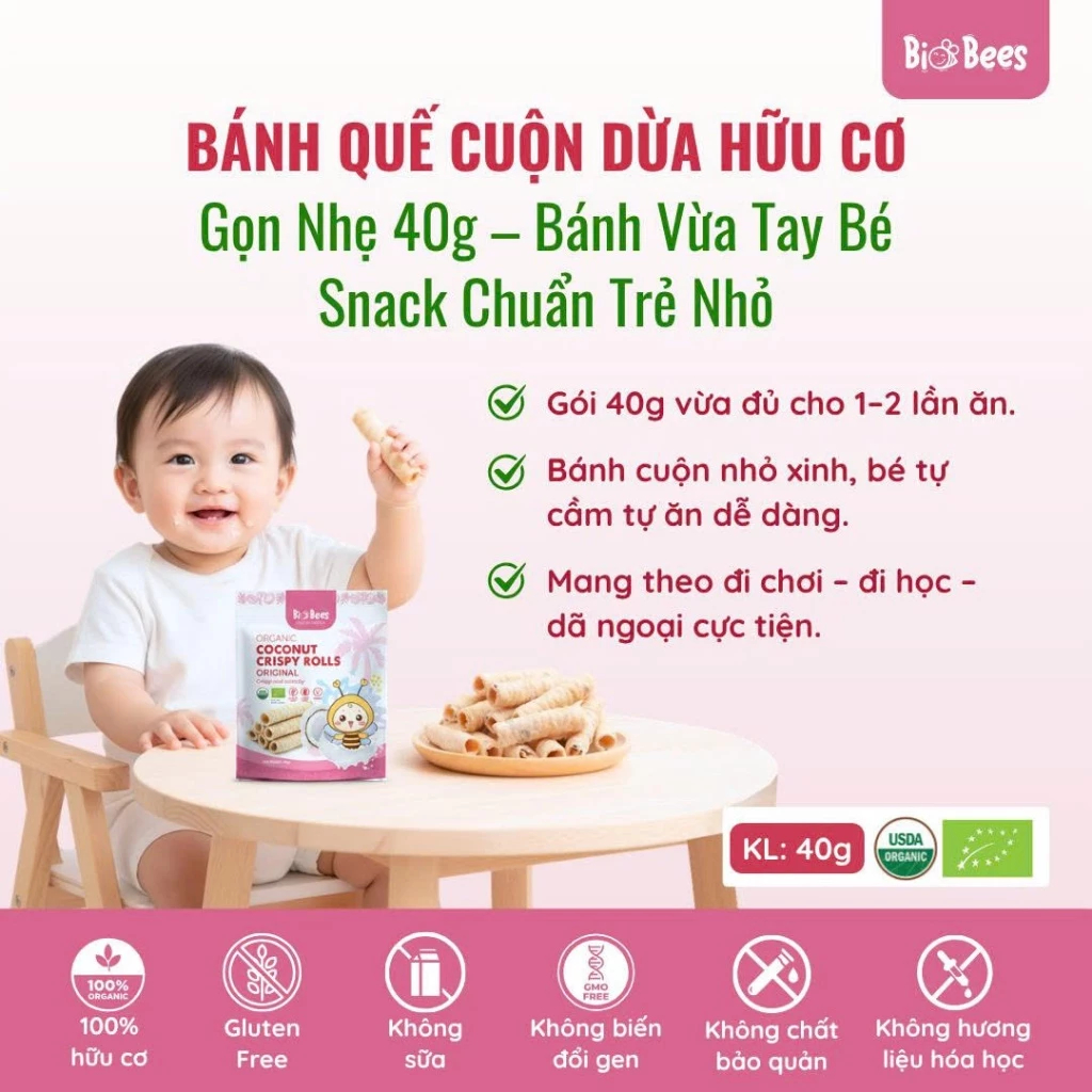 Bánh ăn dặm Quế Cuộn Dừa Hữu Cơ BioBees 40g Cho Bé Ăn Vặt Snack Organic - hanzo2009