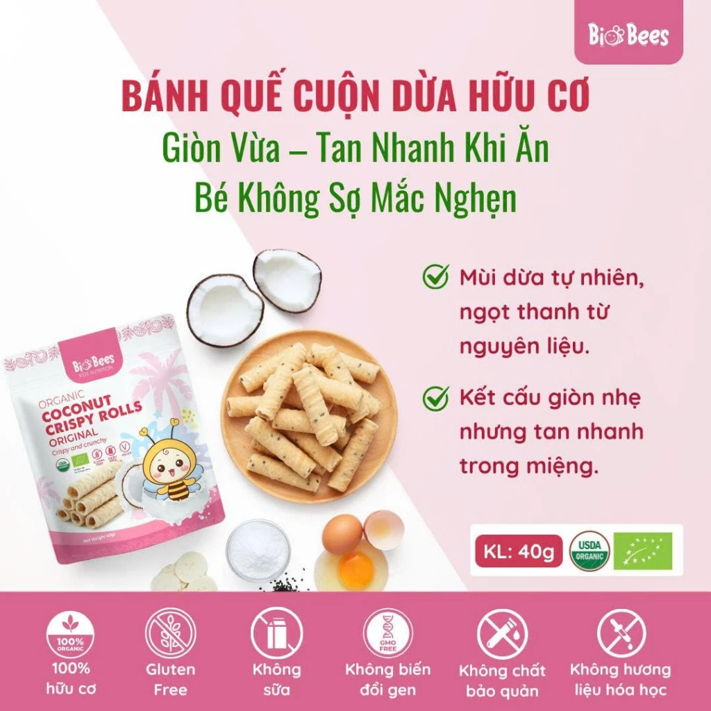 Bánh ăn dặm Quế Cuộn Dừa Hữu Cơ BioBees 40g Cho Bé Ăn Vặt Snack Organic - hanzo2009