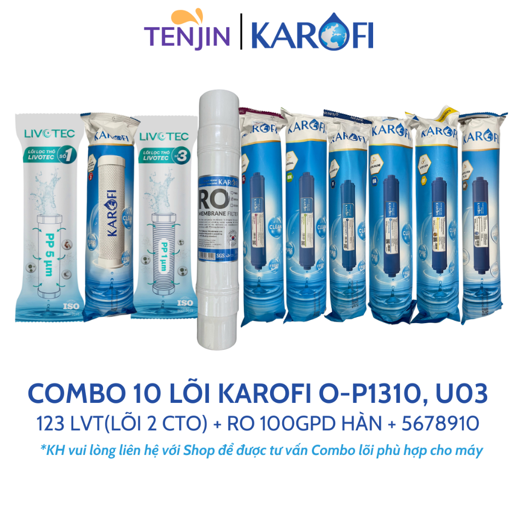 Combo 10 Lõi Lọc Karofi Dành Cho Máy Model O-P1310, KAQ-U03 Gồm 12CTO3 - Màng RO100GPD - T33 Mineral Far Nano ORP Hydro