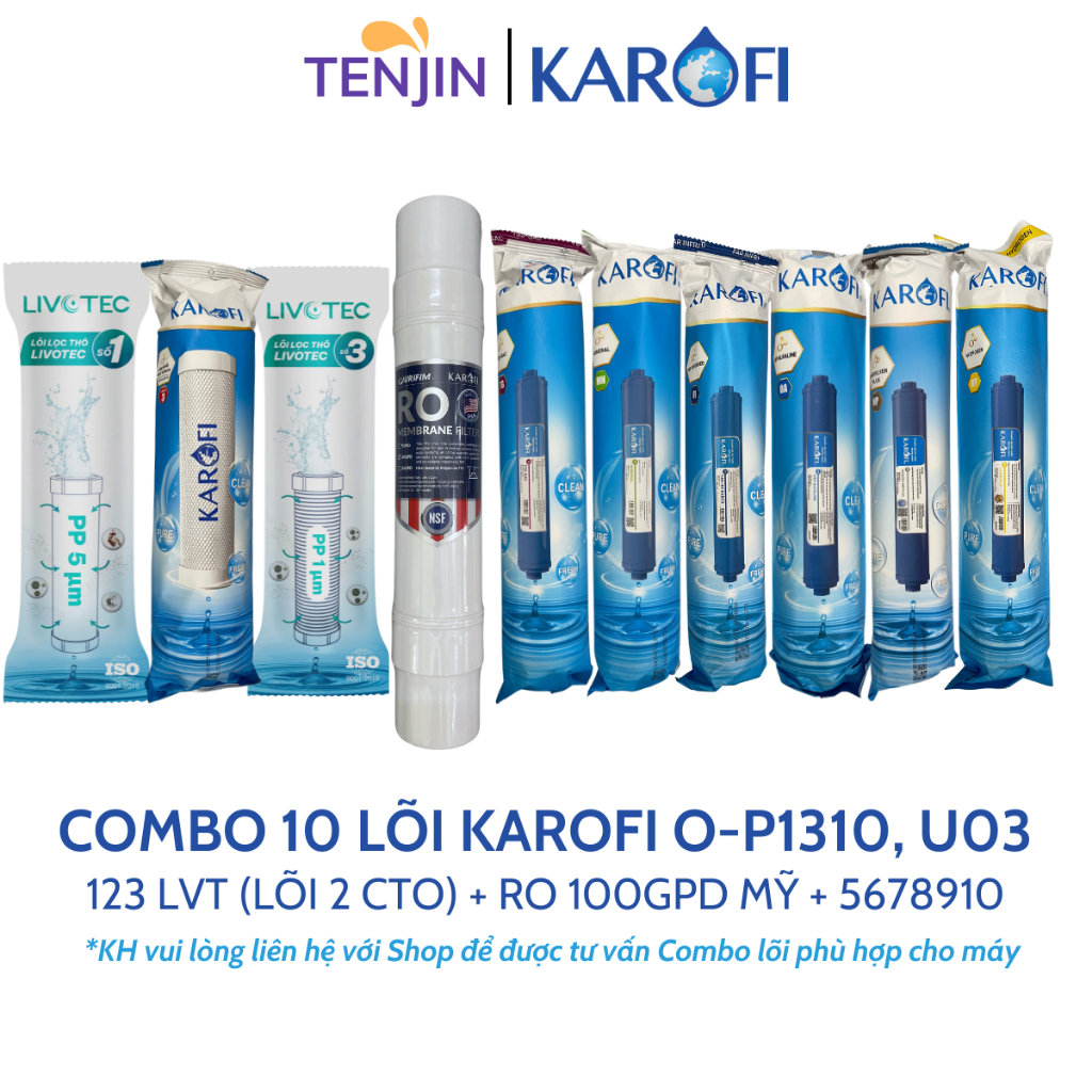 Combo 10 Lõi Lọc Karofi Dành Cho Máy Model O-P1310, KAQ-U03 Gồm 12CTO3 - Màng RO100GPD - T33 Mineral Far Nano ORP Hydro