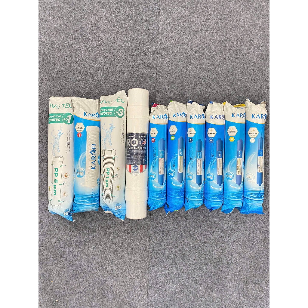Combo 10 Lõi Lọc Karofi Dành Cho Máy Model O-P1310, KAQ-U03 Gồm 12CTO3 - Màng RO100GPD - T33 Mineral Far Nano ORP Hydro