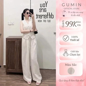 Set bộ đũi gile be GUMIN thiết kế áo sát nách kèm quần suông rộng vintage thanh lịch, Set bộ đồ nữ dự tiệc sang trọng