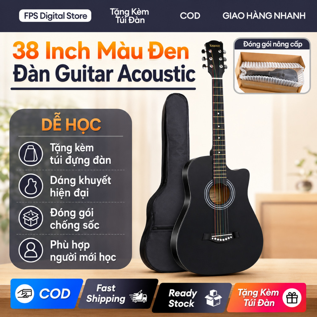 Đàn Guitar Acoustic 38 Inch Màu Đen Dáng Khuyết Cho Người Mới Học, Tặng Túi Đựng Đàn, Đóng Gói 5 Lớp Chống Sốc An Tâm