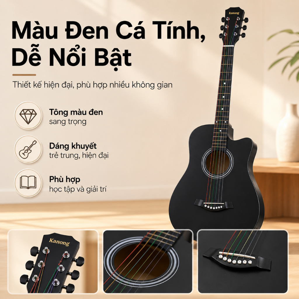 Đàn Guitar Acoustic 38 Inch Màu Đen Dáng Khuyết Cho Người Mới Học, Tặng Túi Đựng Đàn, Đóng Gói 5 Lớp Chống Sốc An Tâm
