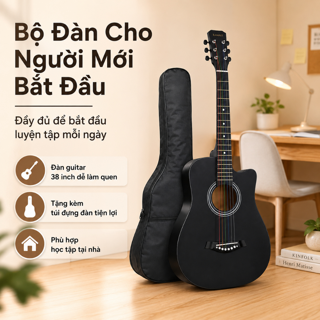 Đàn Guitar Acoustic 38 Inch Màu Đen Dáng Khuyết Cho Người Mới Học, Tặng Túi Đựng Đàn, Đóng Gói 5 Lớp Chống Sốc An Tâm
