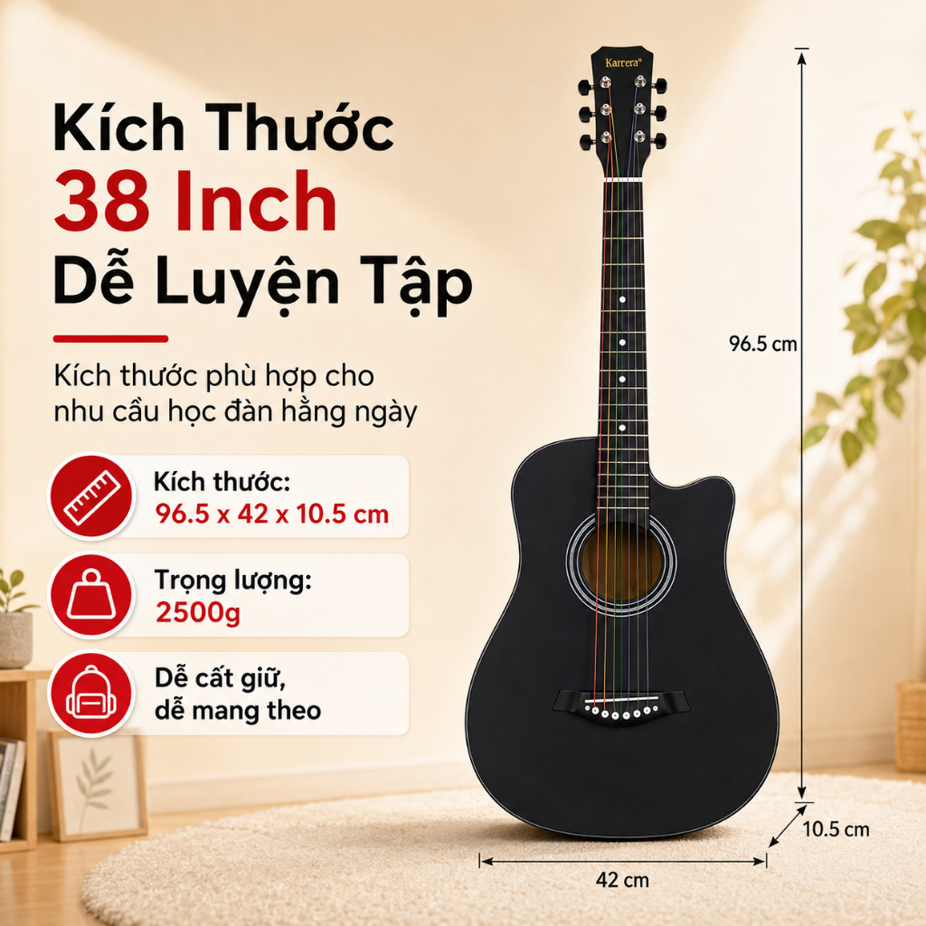 Đàn Guitar Acoustic 38 Inch Màu Đen Dáng Khuyết Cho Người Mới Học, Tặng Túi Đựng Đàn, Đóng Gói 5 Lớp Chống Sốc An Tâm
