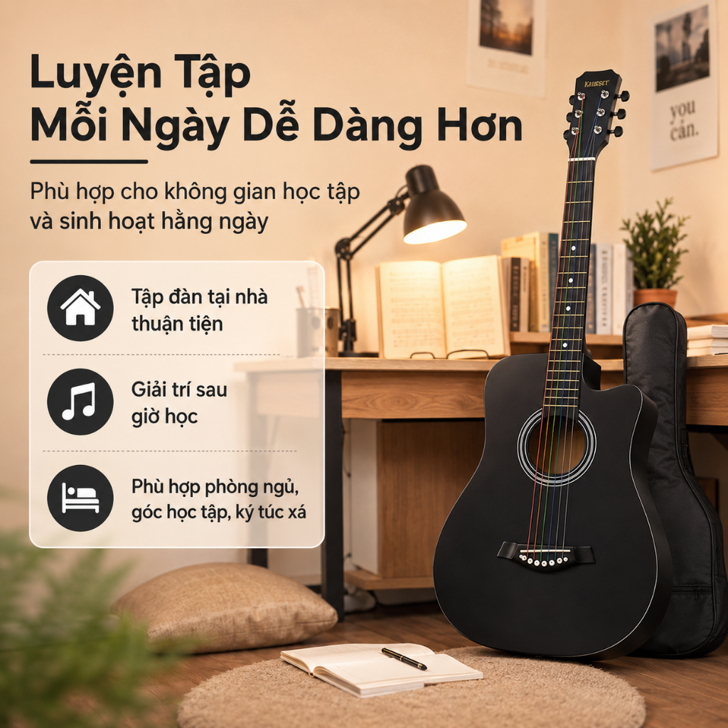 Đàn Guitar Acoustic 38 Inch Màu Đen Dáng Khuyết Cho Người Mới Học, Tặng Túi Đựng Đàn, Đóng Gói 5 Lớp Chống Sốc An Tâm