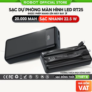 Pin sạc dự phòng RT25 20000mAh sạc nhanh 22.5W ROBOT tich hợp cap sạc
