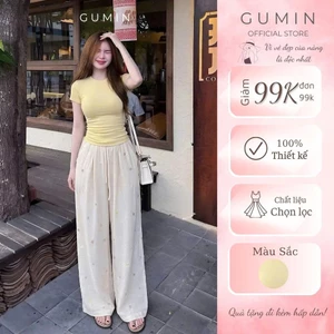 Set bộ áo thun vàng GUMIN thiết kế áo ôm body kèm quần suông kem thêu hoa sang chảnh, Set đồ nữ nhẹ nhàng cá tính