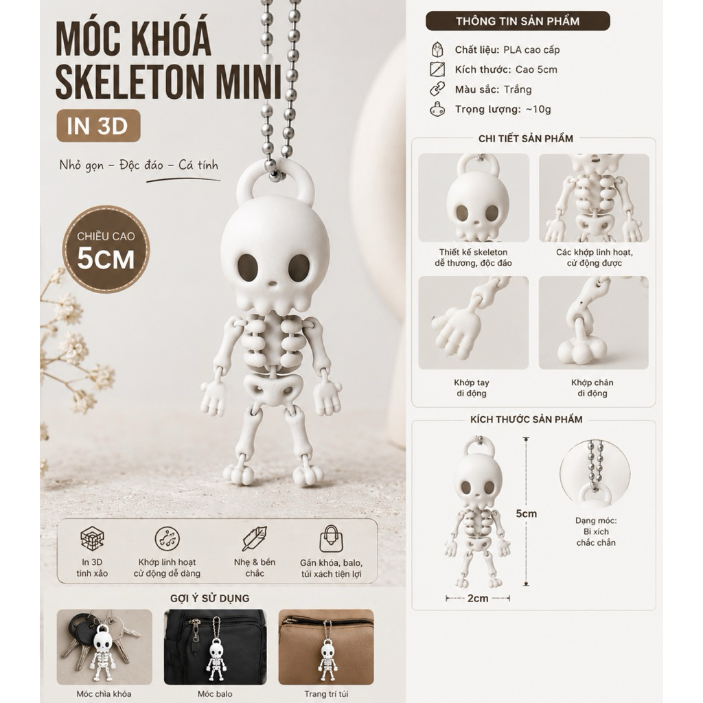 Móc Khóa Bộ Xương Dễ Thương In 3D