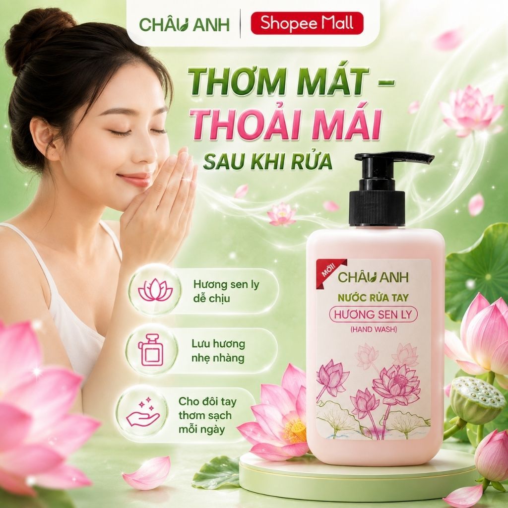 Nước Rửa Tay CHÂU ANH Hương Sen Ly, Gel Làm Sạch Tay Thơm Lâu, Diệt Khuẩn, Dưỡng Ẩm Bảo Vệ Da, Dùng Cho Nhà Hàng Quán Ăn