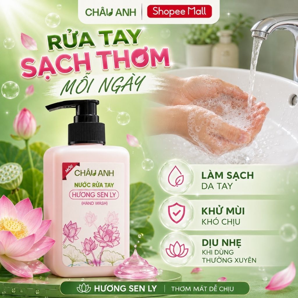 Nước Rửa Tay CHÂU ANH Hương Sen Ly, Gel Làm Sạch Tay Thơm Lâu, Diệt Khuẩn, Dưỡng Ẩm Bảo Vệ Da, Dùng Cho Nhà Hàng Quán Ăn