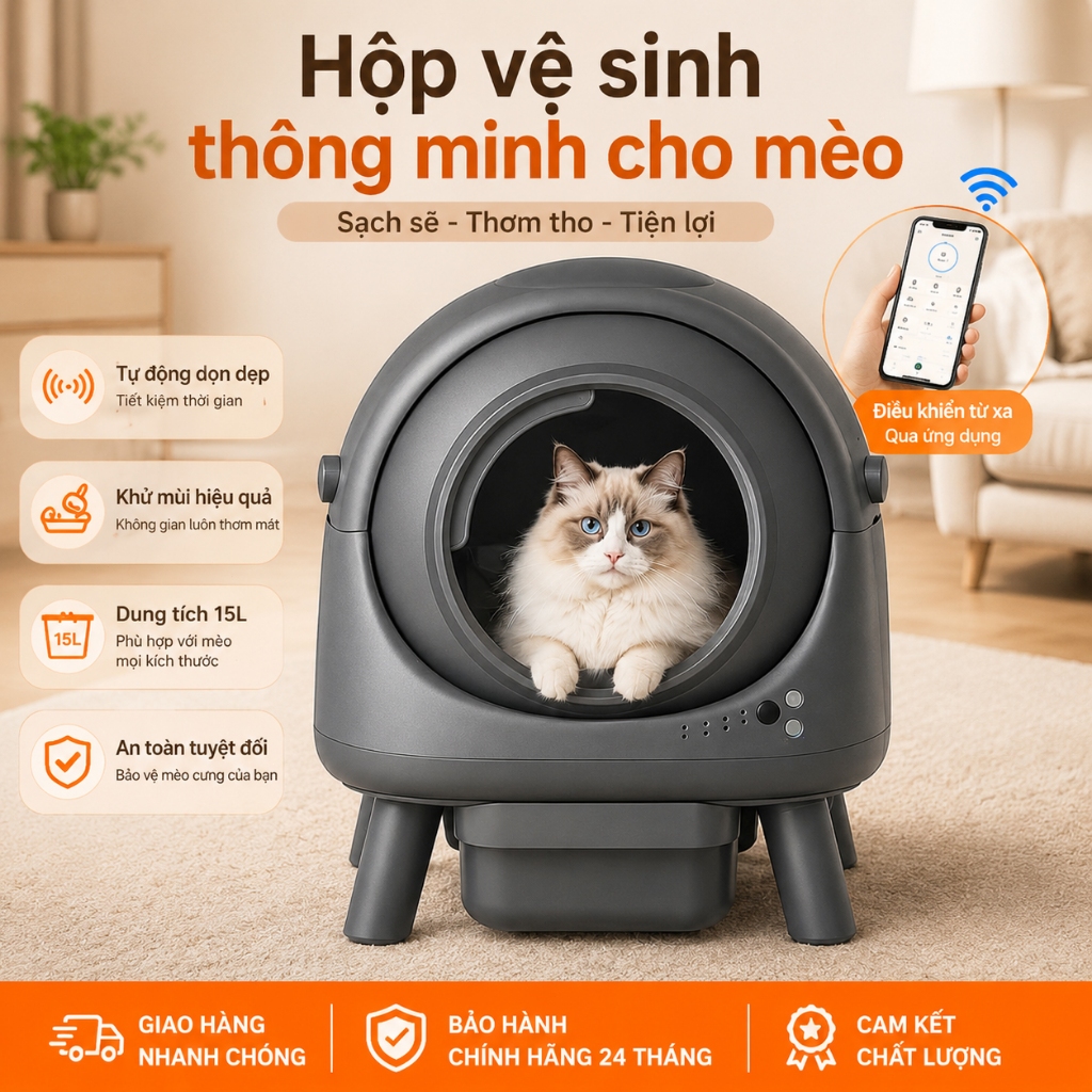 Nhà Vệ Sinh Thông Minh Tự Động Cho Mèo Kết Nối WiFi, Khử Mùi, Không Gian Rộng