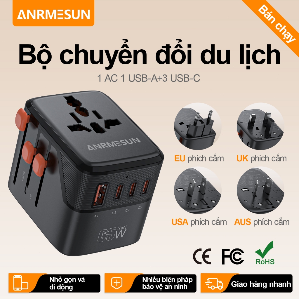 Ổ Cắm Du Lịch toàn cầu ANRMESUN, 25W 45W 65W công suất,USB TypeC Hỗ trợ sạc nhanh,Bảo vệ quá tải tích,4 Loại Chân Că