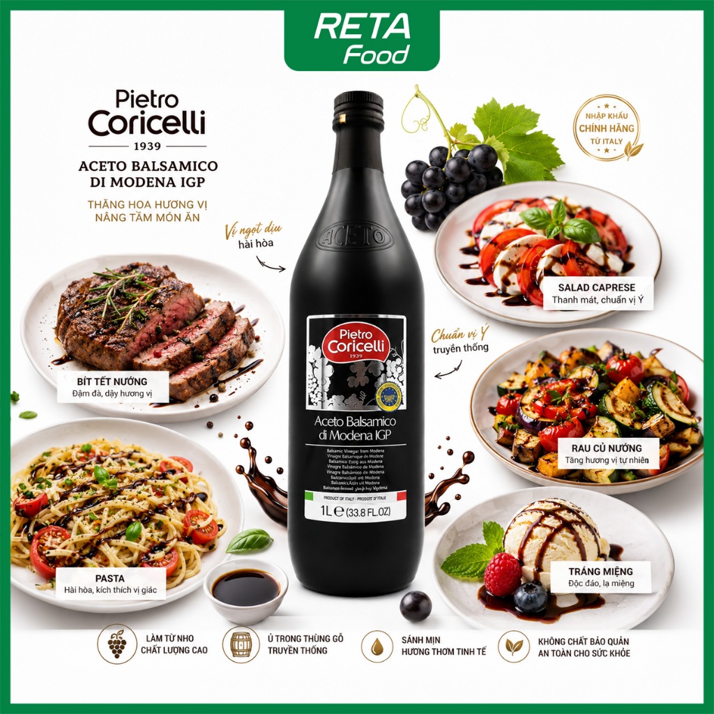 Giấm nho thơm đen Balsamico Pietro Coricelli Vinegar of Modena 1L - Giấm nho đen vị chua ngọt tự nhiên - Nhập khẩu Ý