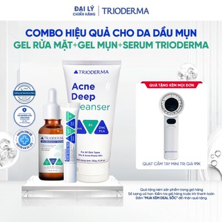 Bộ 3 Trioderma  Hỗ Trợ Giảm Mụn Gel Rửa Mặt 150g + Serum 30ml + Gel mụn 15g Làm Sạch Giảm Mụn