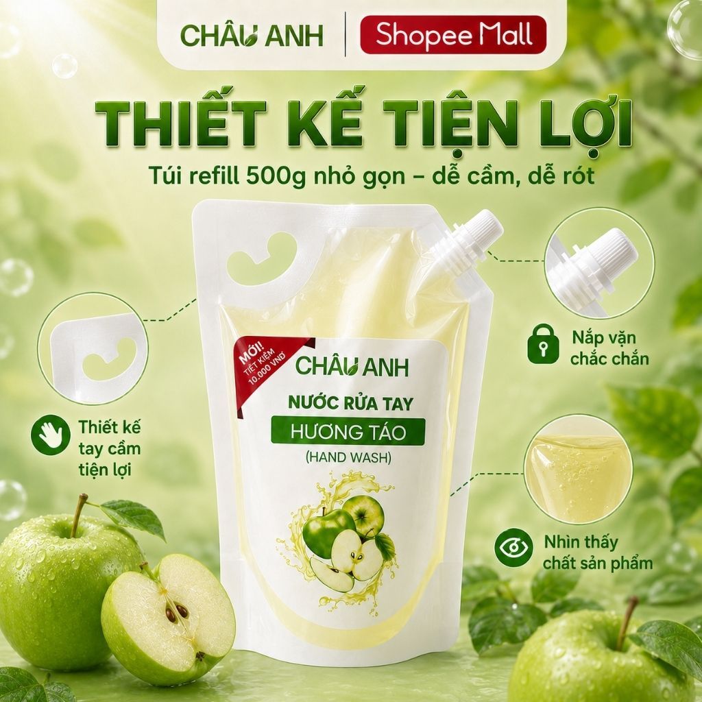 Combo 2 Túi Nước Rửa Tay CHÂU ANH, Gel Làm Sạch Da Tay Thơm Lâu, Sạch Khuẩn Dùng Cho Nhà Hàng Quán Ăn