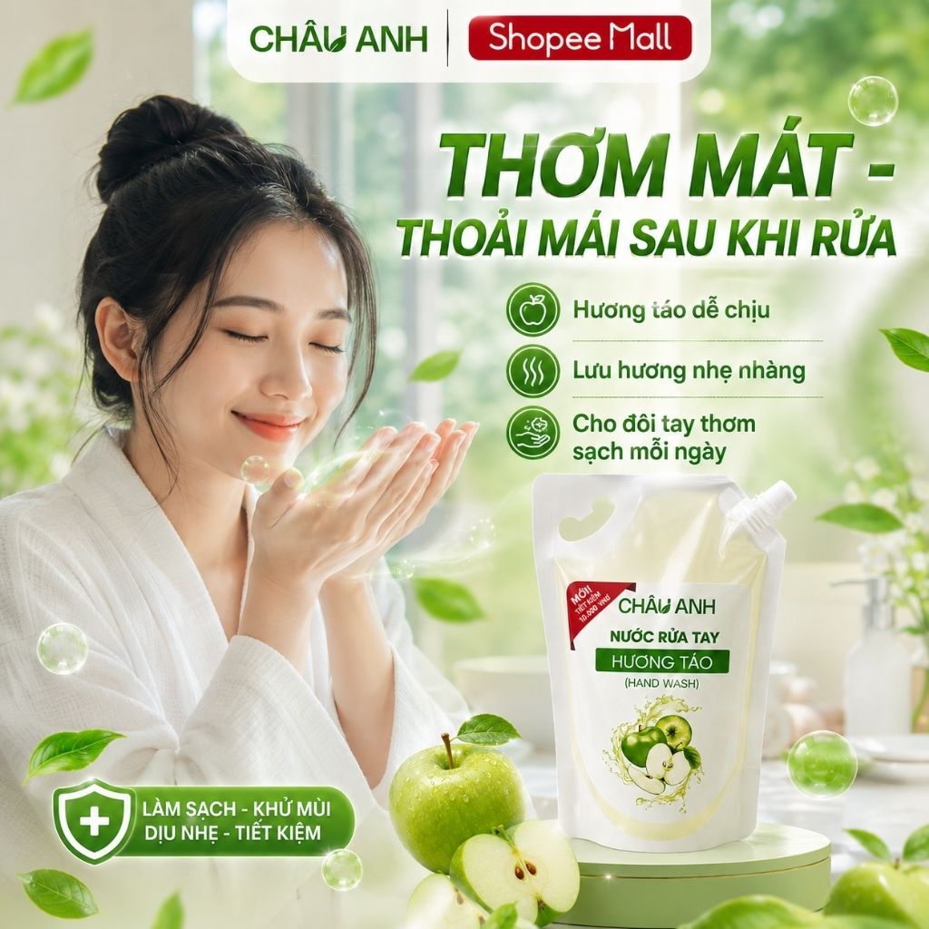 Nước Rửa Tay CHÂU ANH Hương Táo, Gel Làm Sạch Da Tay Khử Khuẩn, Dịu Nhẹ, Dưỡng Ẩm, Dùng Cho Nhà Hàng Quán Ăn Túi 500g