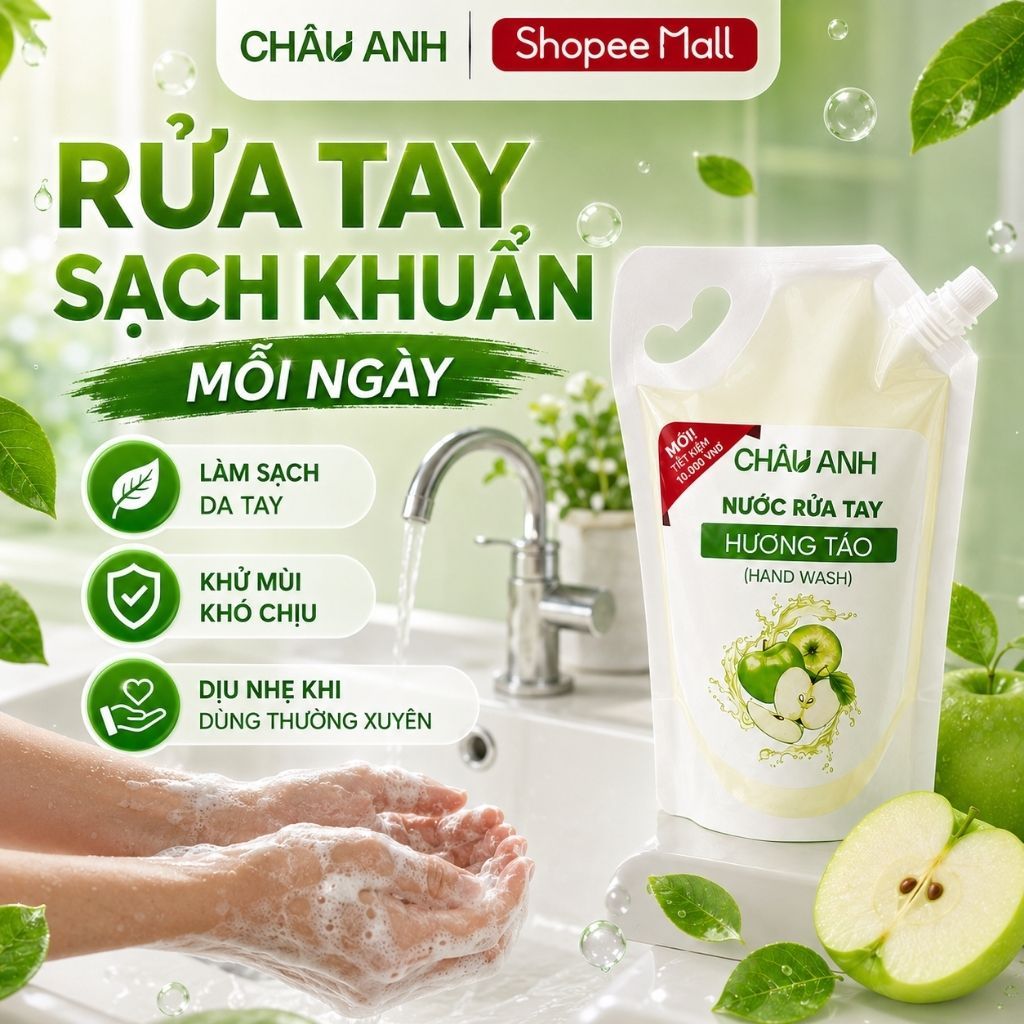 Nước Rửa Tay CHÂU ANH Hương Táo, Gel Làm Sạch Da Tay Khử Khuẩn, Dịu Nhẹ, Dưỡng Ẩm, Dùng Cho Nhà Hàng Quán Ăn Túi 500g