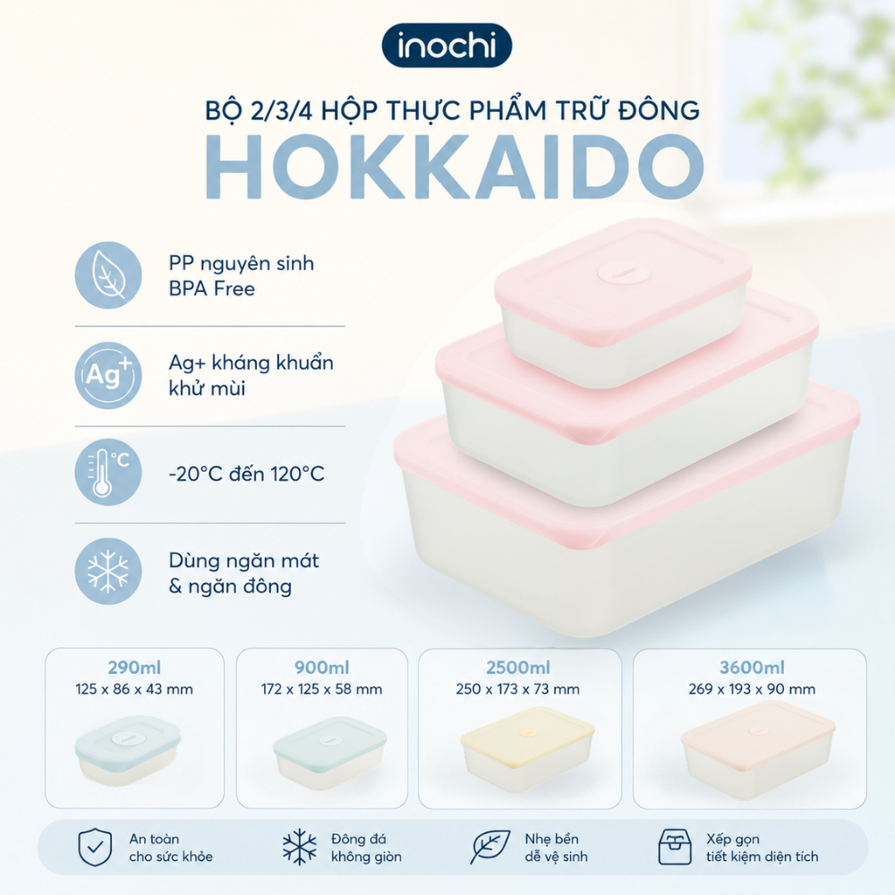 Bộ 7 Hộp Trữ Đông Inochi - 4 Hộp 290ml, 2 Hộp 900ml, 1 Hộp 3600ml - An Toàn, Bảo Quản Tươi Ngon