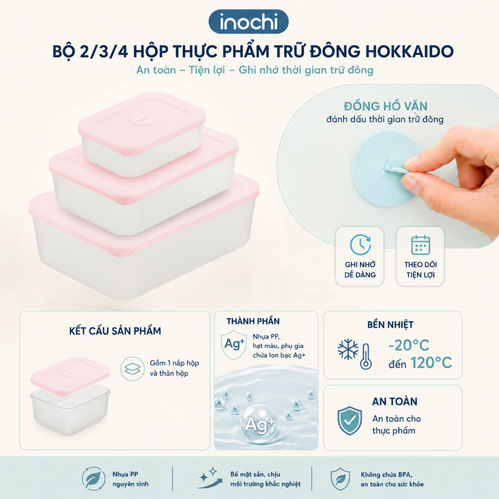 Bộ 7 Hộp Trữ Đông Inochi - 4 Hộp 290ml, 2 Hộp 900ml, 1 Hộp 3600ml - An Toàn, Bảo Quản Tươi Ngon