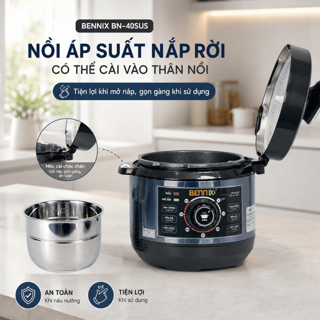 Nồi áp suất đa năng Bennix dung tích 4L và 6L, lòng nồi inox 304, bảo hành chính hãng
