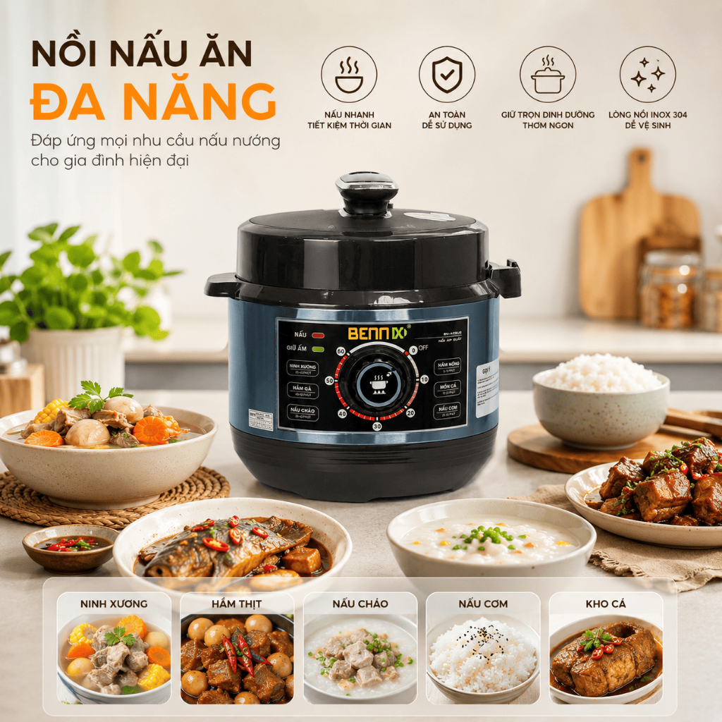 Nồi áp suất đa năng Bennix dung tích 4L và 6L, lòng nồi inox 304, bảo hành chính hãng