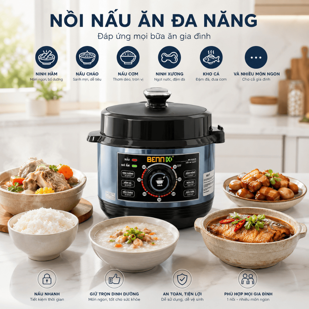 Nồi áp suất đa năng Bennix dung tích 4L và 6L, lòng nồi inox 304, bảo hành chính hãng