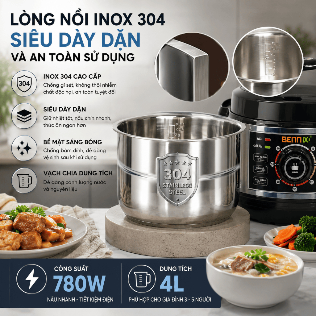 Nồi áp suất đa năng Bennix dung tích 4L và 6L, lòng nồi inox 304, bảo hành chính hãng